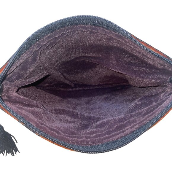 Women’s Orange & Black Velvet Embroidered Tassel Zipper Strap Crossbody Purse - Picture 7 of 9